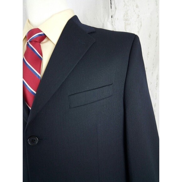 Kasper 44L Wool 3 Button Black Pinstripe 2pc Suit 36x29 Pleated - Picture 2 of 12